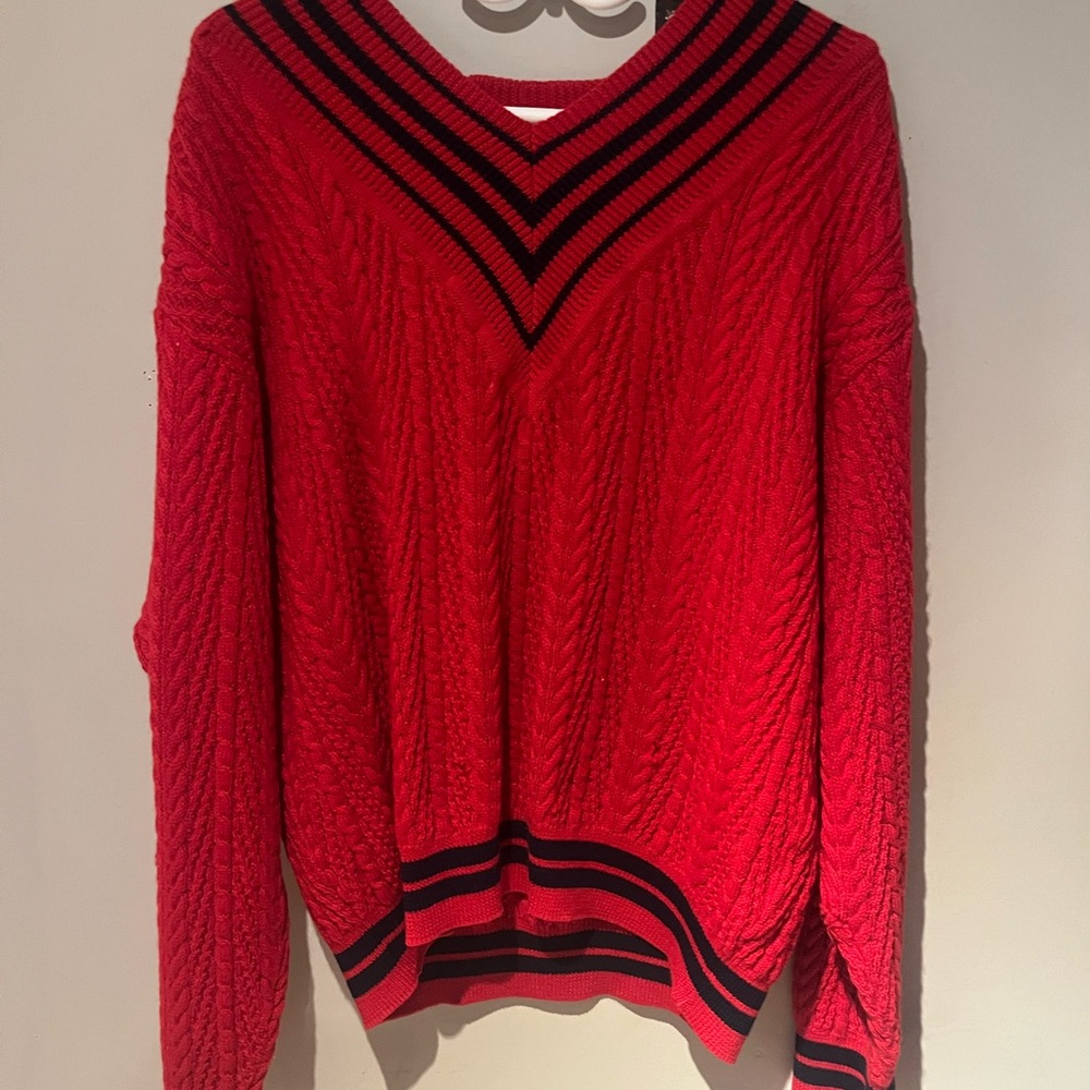 Red V-Neck Cable Knit Sweater